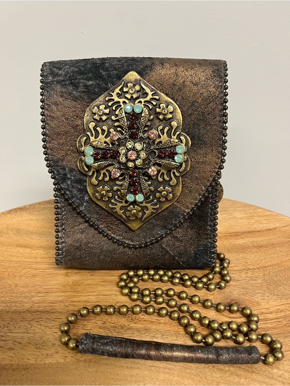 LeatheRock Distressed Brown/Bronze Jeweled Mini Crossbody Bag